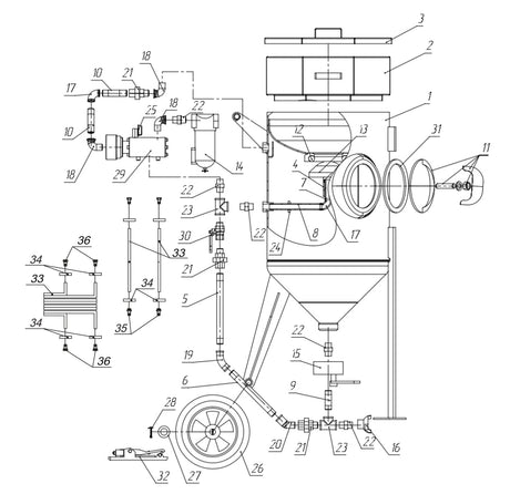 Schematische illustratie van de Contracor BlastRazor Z-25RC / Z-50RC met genummerde onderdelen voor duidelijke identificatie.